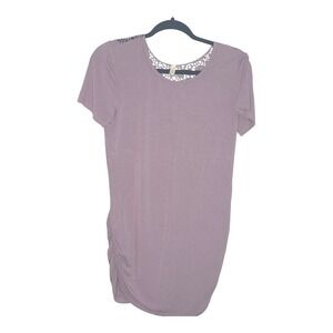 Mai Soli‎ Lavender Tunic Top Crochet Detail Ruched Sides Boho Short Sleeve M